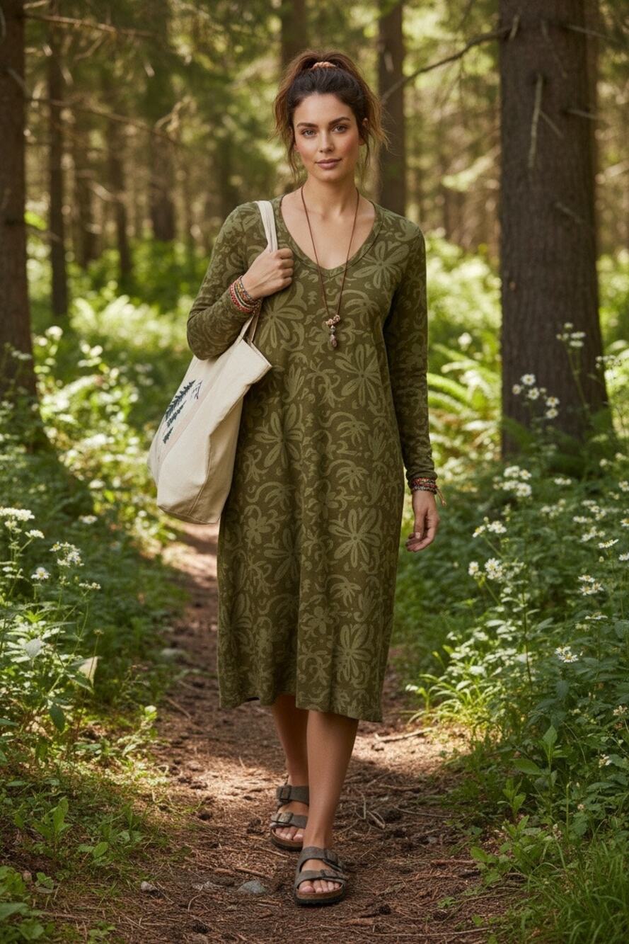 The Territory Ahead Olive Green Floral V-Neck Long Sleeve Shift Tunic Dress XL